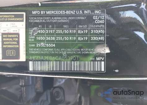 2012 Mercedes-Benz Ml 350 Bluetec 4Matic из США, поврежденный, VIN 4JGDA2EB6CA053901